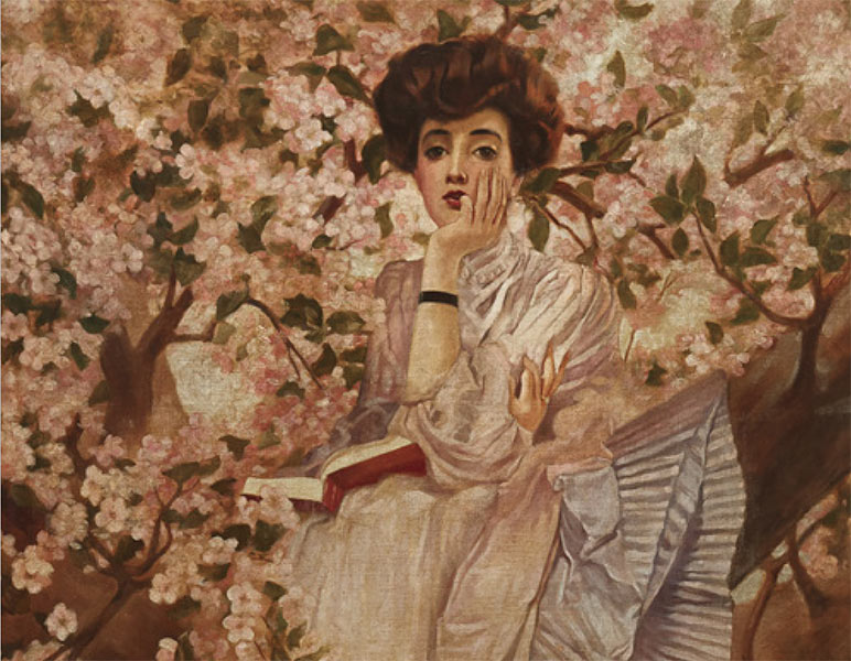 painting of woman with book sitting in flowering tree