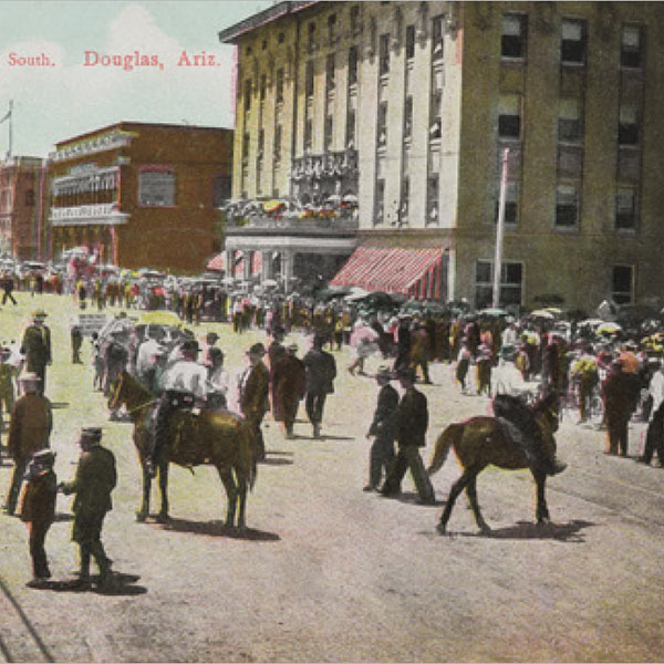 postcard scene of Douglas Arizona with Gadsden Hotel